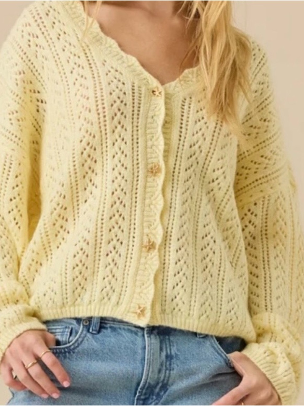 NEW Altar’d State Butter Yellow Starfish Buttons Cardigan Sweater Size Small NWT